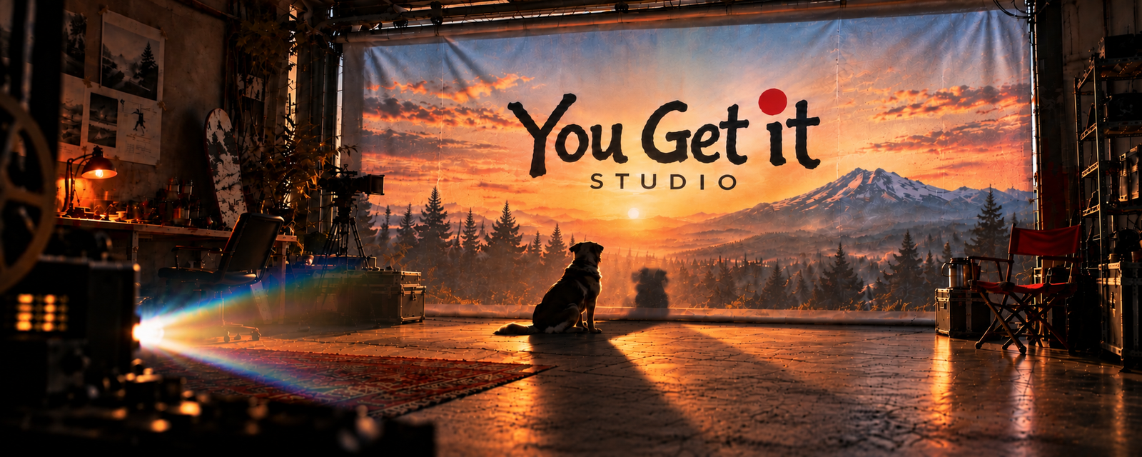 A dog sits in a warm, dark garage studio, watching a mountain sunset projected onto a fabric screen bearing the You Get it Studio title.
